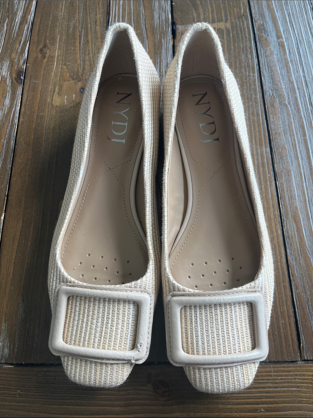NYDJ Cream Woven Square-Toe Flats with Decorative Buckle